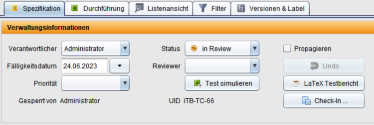 Der Button erscheint in der Spezifikation neben dem Test simulieren Button der Verwaltungsinformationen.