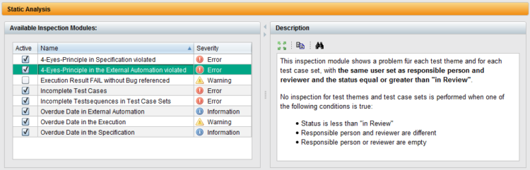 List of the check modules set up in the project